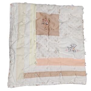 Handmade Baby Quilt 36x32 Inches Embroidered Patchwork Animals Pastel Colors